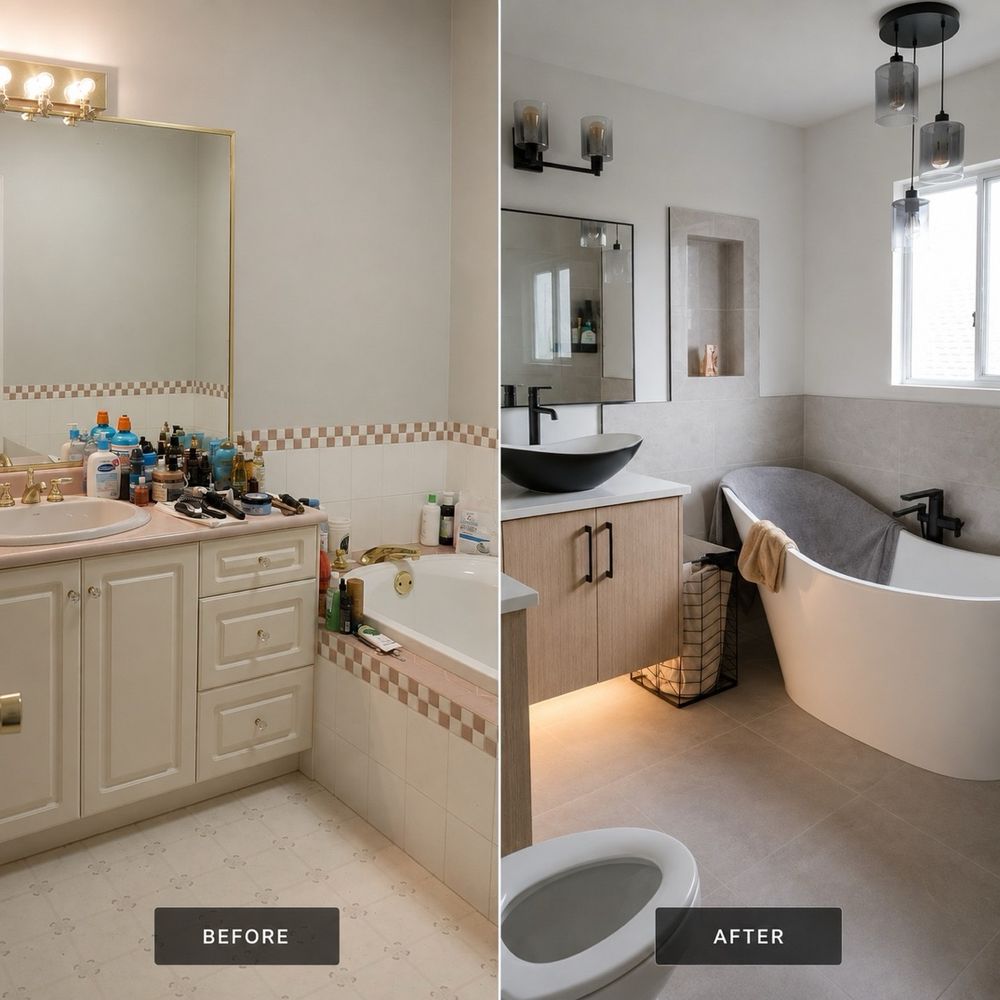 Before and after: freestanding tub and vanity upgrade by Dynasty Restoration