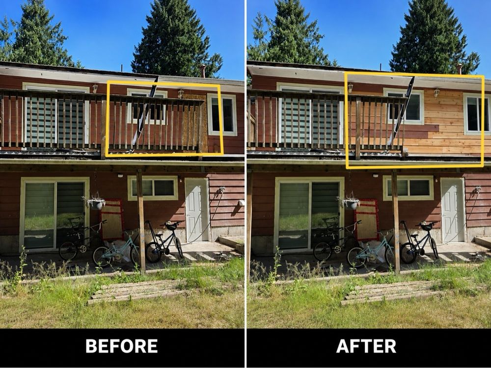 Before and after: balcony and siding repair by Dynasty Restoration